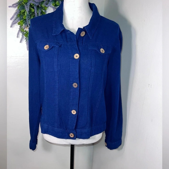 Dash, L, navy blue, long sleeve, button front w/collar ,crop,linen blend shacket - Picture 1 of 7
